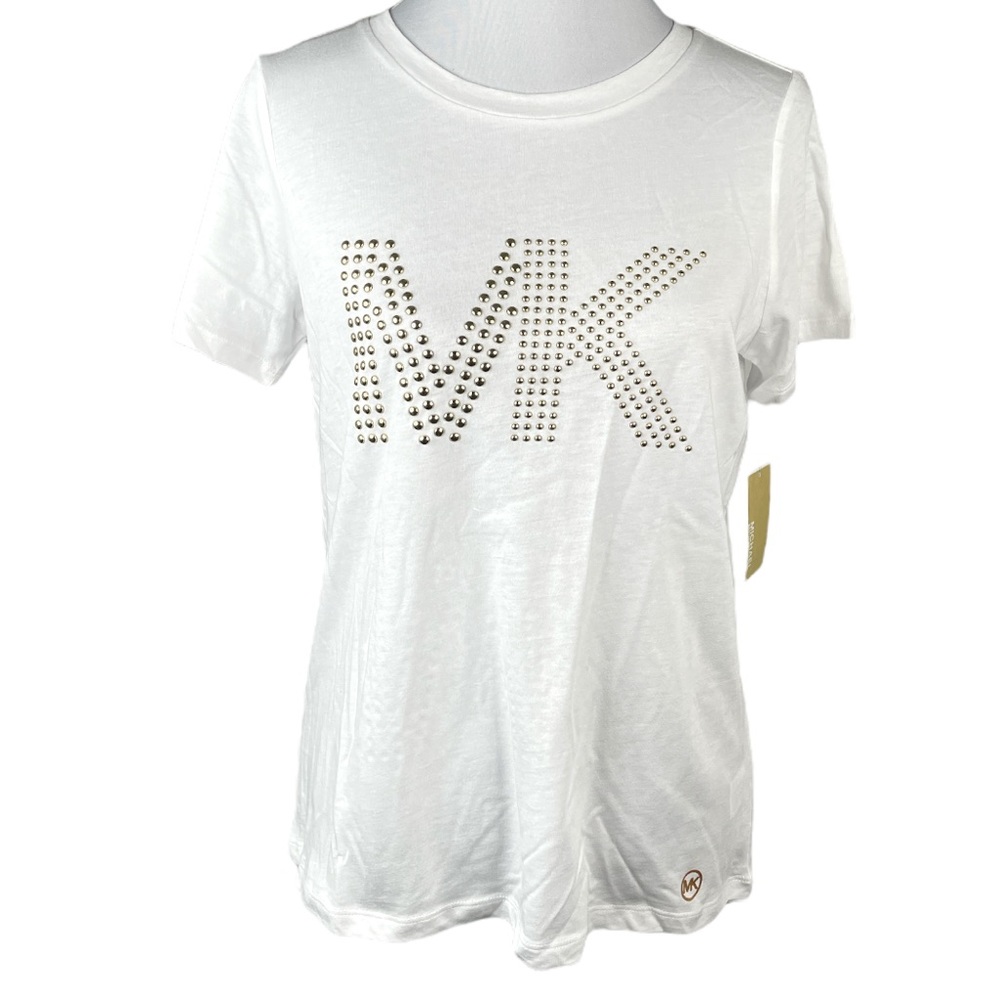 MICHAEL Michael Kors Studded Short Sleeve T Shirt White Gold Tone Size Small